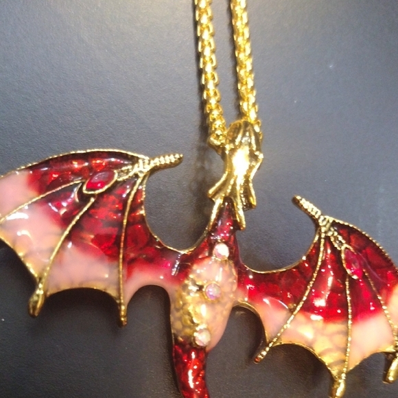 Dragon Pendant Necklace with Red, Pink and Gold Accents - Picture 9 of 9